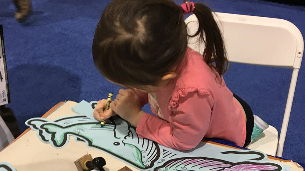 child coloring a whale hat