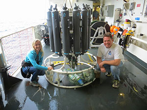 Peter and I with the students' cups tied to the CTD Niskin Rosette