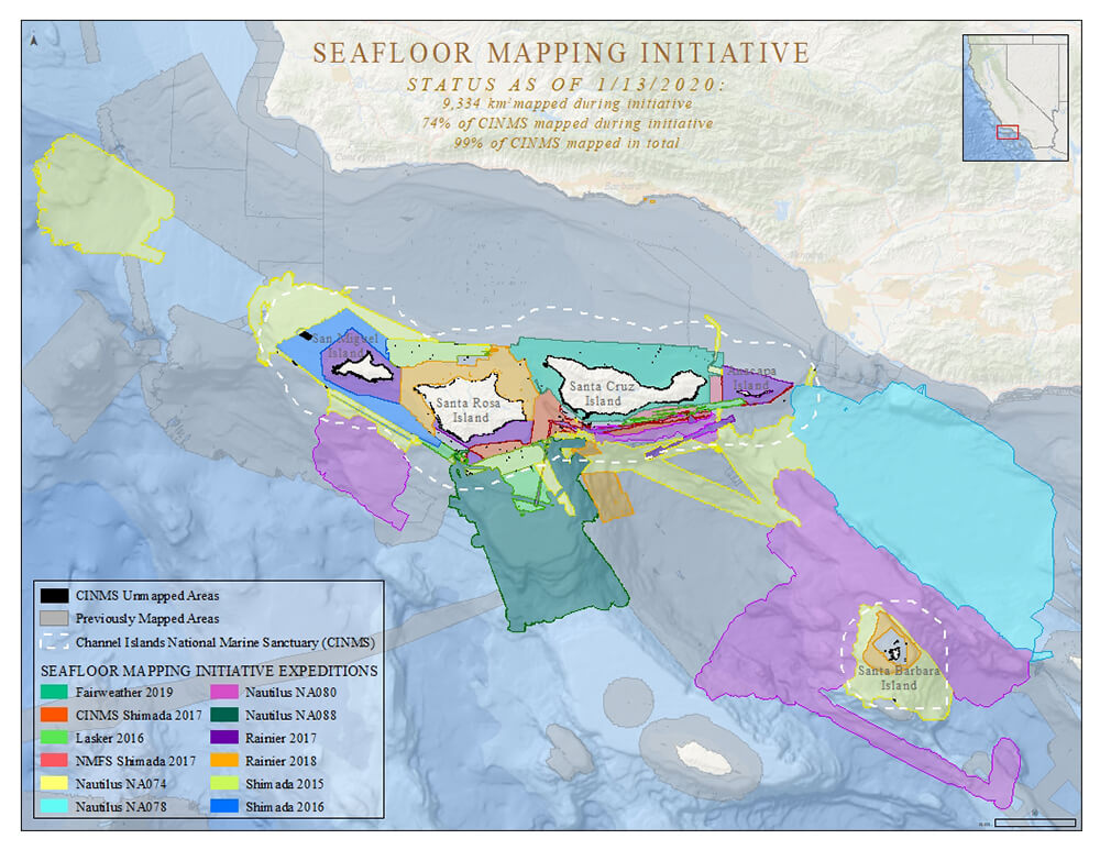a map showing the current progress of seafloor mapping. 74% of Channel islands national marine sanctuary mapped
