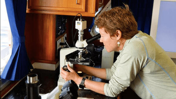 A person looking at a sample under a microscope.