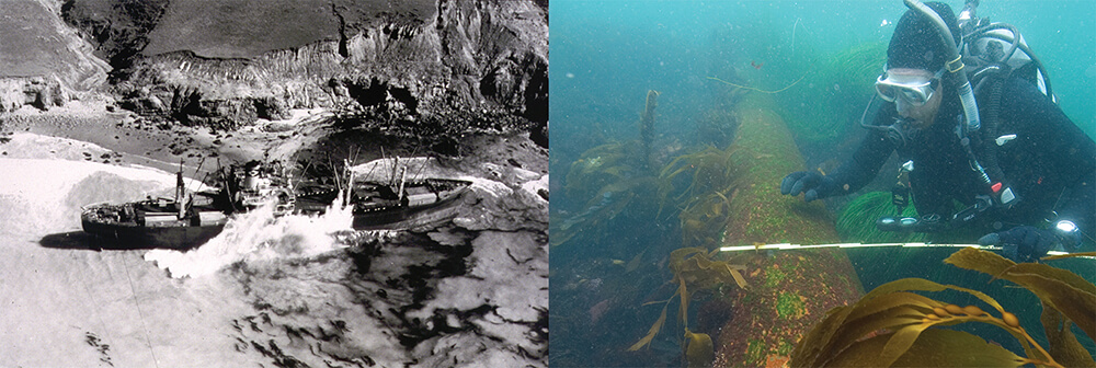 left: a black and white photo of a ship on the coast; right: a diver takes measurements of a shipwreck