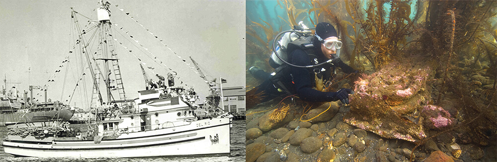 left: a black and white photo of a ship; right: a diver examines a piec of debris on the seafloor