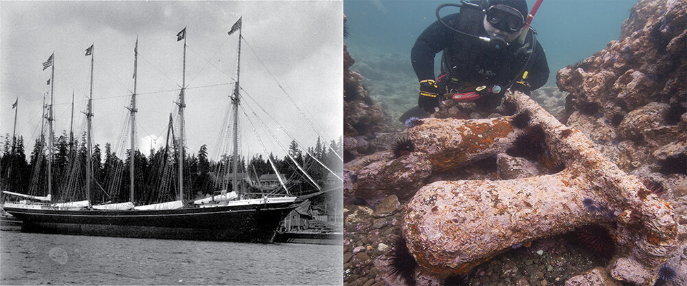 left: a black and white photo of a 5 masted ship; right: a diver examines debris from a shipwreck