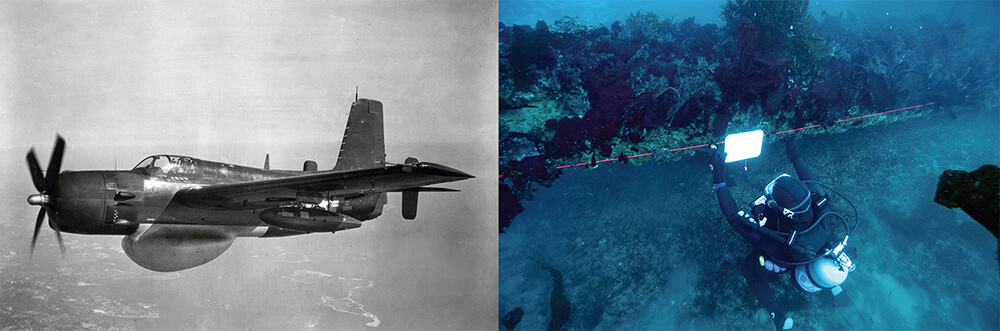left: a black and white photo of a plane; right: a diver takes measurements of a plane on the seafloor
