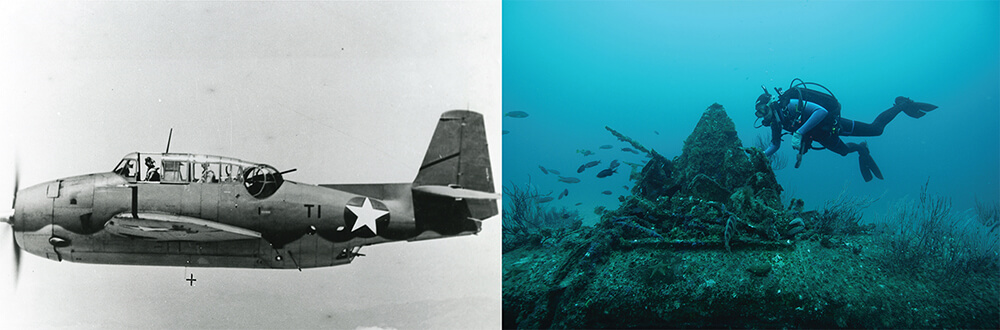 left: a black and white photo of a plane; right: a diver examines the remnance of plane underwater