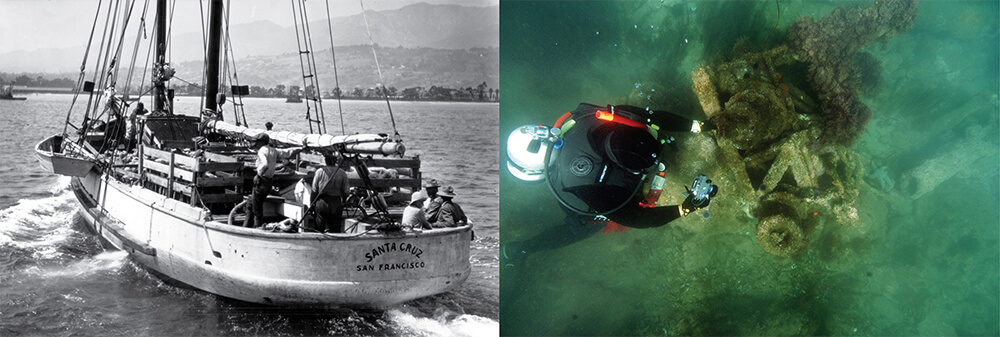 left: a black and white photo of a ship; right: a diver seen from above examining a shipwreck