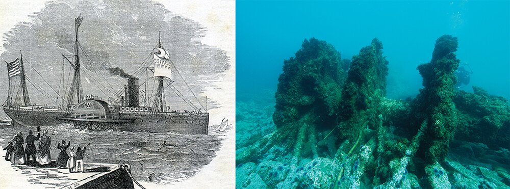 left: illustartion of a ship; right: debris from a shipwreckon the seafloor