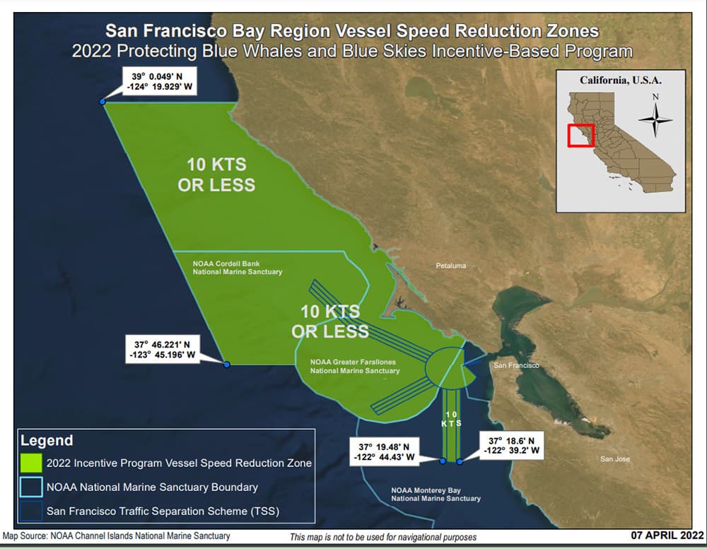 map showing the vessel speed reduction zone throughout all of Greater Farallones and Cordell Bank National Marine Sanctuaries boundaries to 10 knots or less