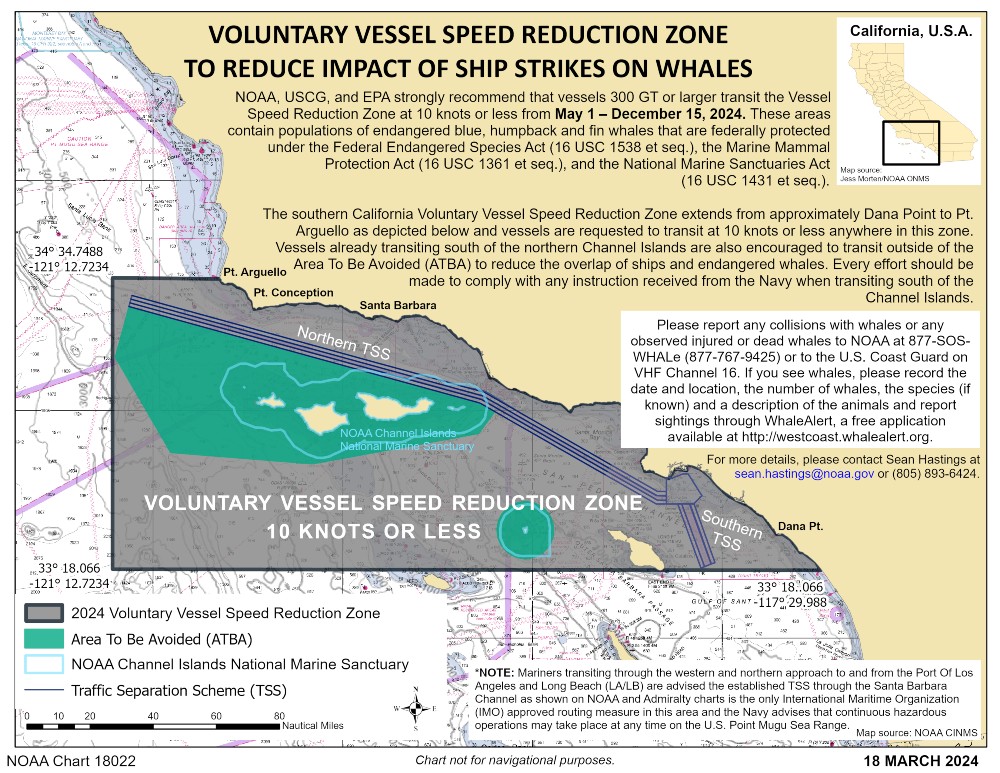 Map depicting the Voluntary vessel speed reduction zone around the Channel Islands
