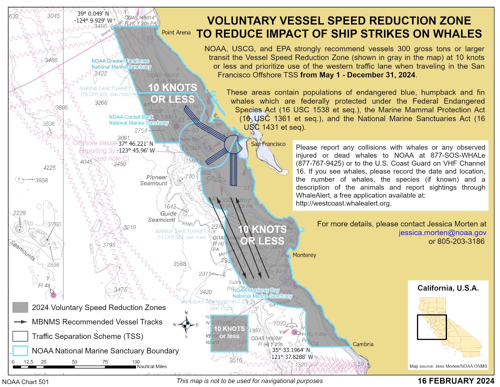 Map depicting the Voluntary vessel speed reduction zone in the San Francisco Bay Region